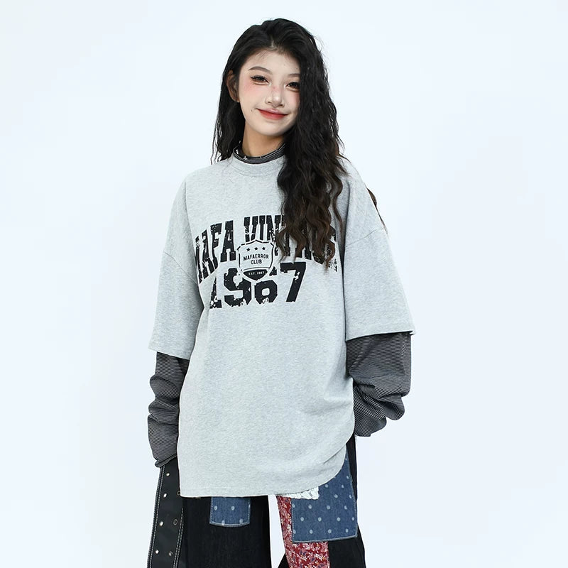 OV Original/Spring American Retro Fake Two Piece Splicing Small High Collar Long Sleeve T-shirt for Men and Women, Uniquely Loose Top Trendy
