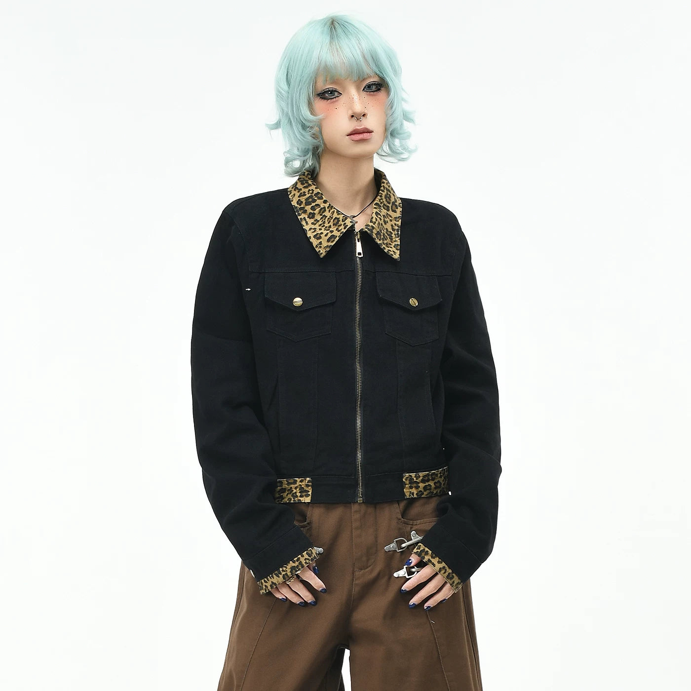 OV original American leopard print patchwork multi pocket workwear jacket for women's autumn fashion brand short retro lapel jacket trend