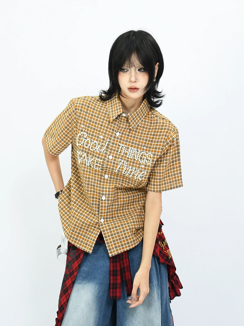 OV original American retro checkered shoulder short sleeved shirt with women's nail bead design, casual short style, summer shirt trend