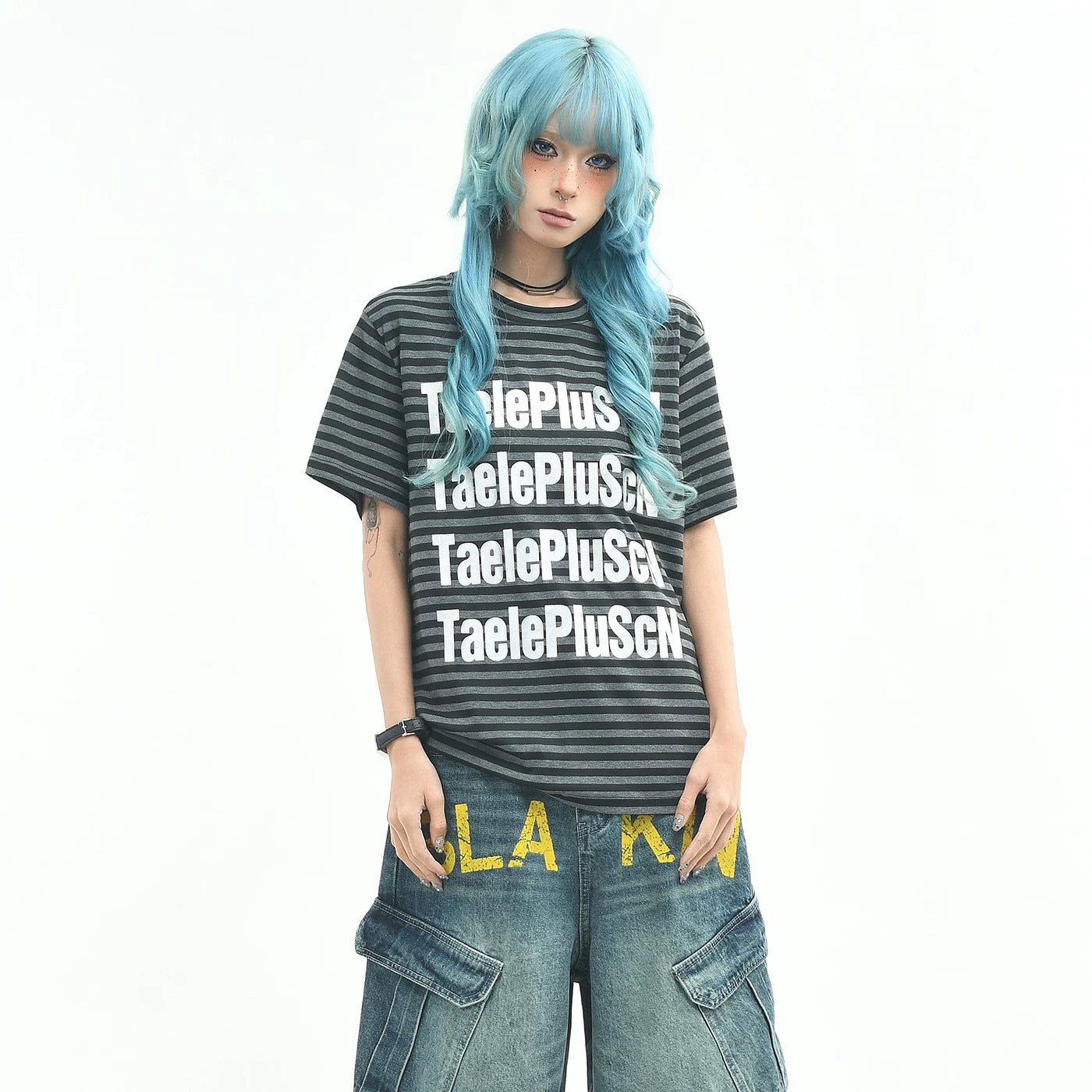 OV original/retro striped letter printed shoulder T-shirt for men and women in summer loose short sleeved niche light Asian top trend