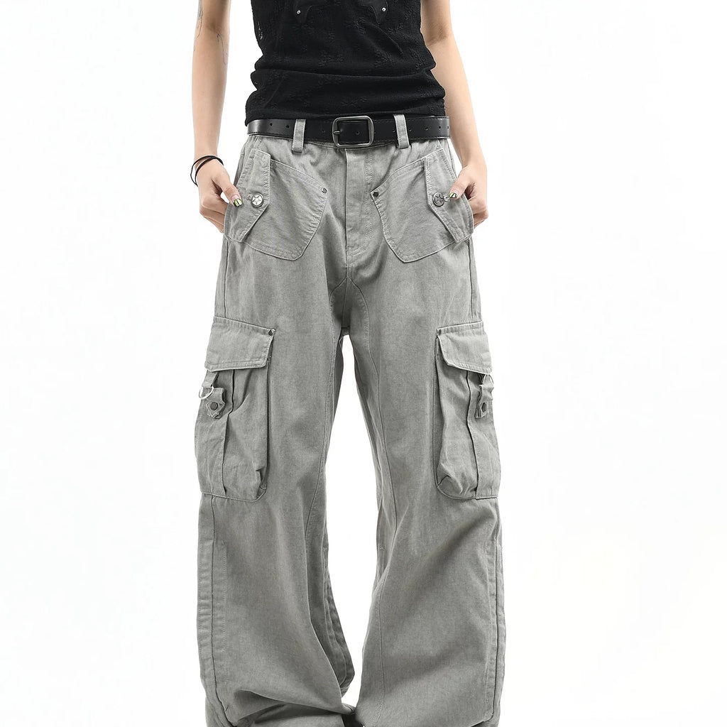 OV original American retro vintage washed multi pocket work pants for men and women, loose wide leg trendy brand couple long pants