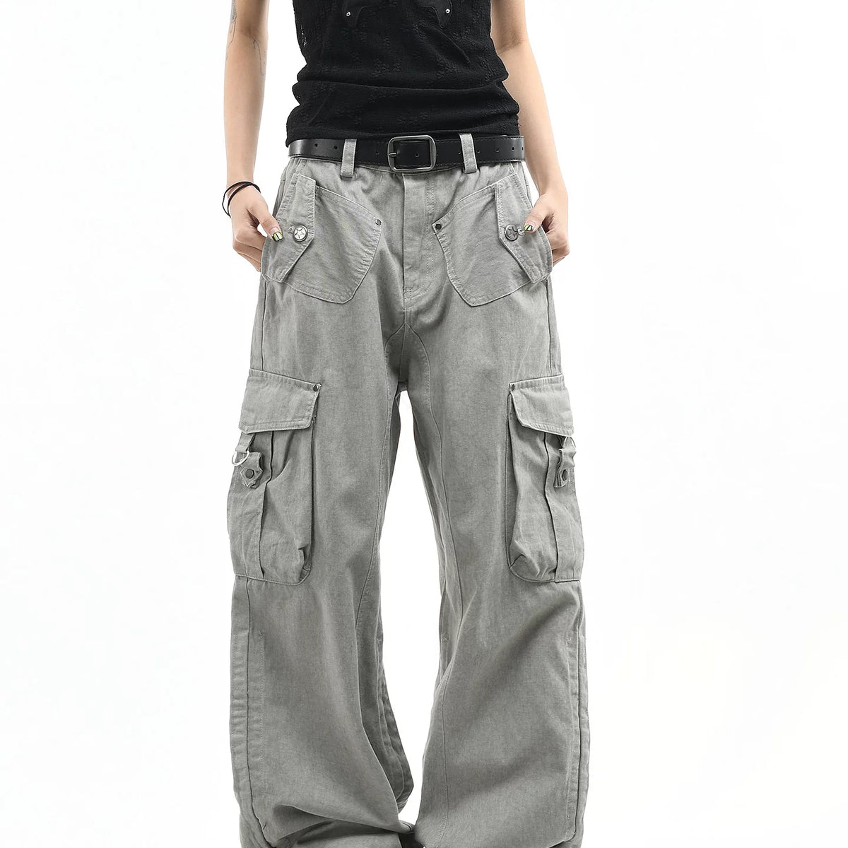 OV original American retro vintage washed multi pocket work pants for men and women, loose wide leg trendy brand couple long pants