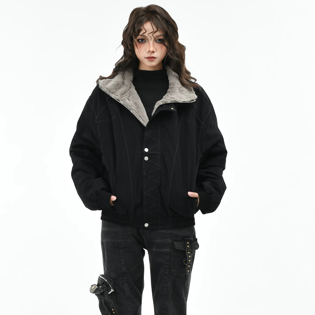OV Original American Retro Clear Thread Deconstruction Design with Velvet Warm Coat Women's Winter Loose Casual Cotton Coat