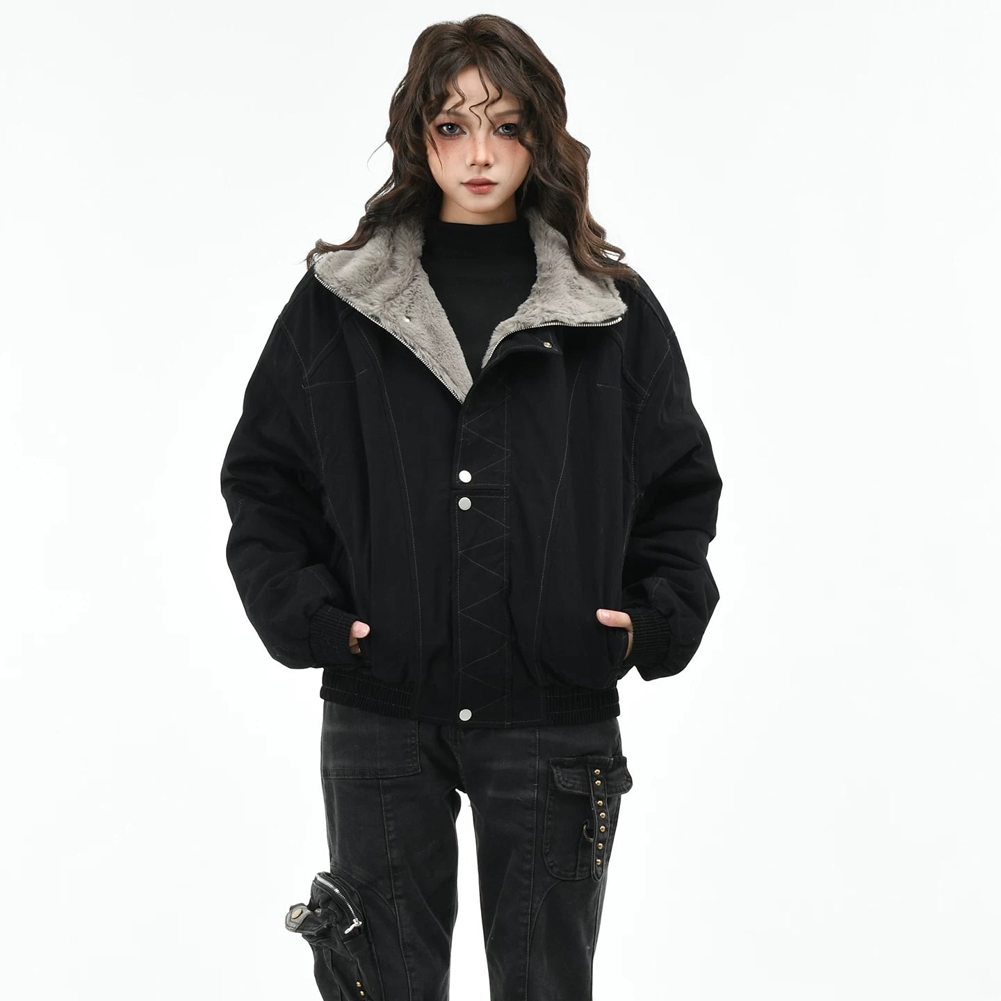 OV Original American Retro Clear Thread Deconstruction Design with Velvet Warm Coat Women's Winter Loose Casual Cotton Coat