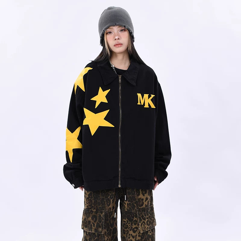 OV Original Spring and Autumn High Street Retro Star Patch Embroidered Vintage Washed Cowboy Jacket Men's and Women's Loose Jacket Trendy