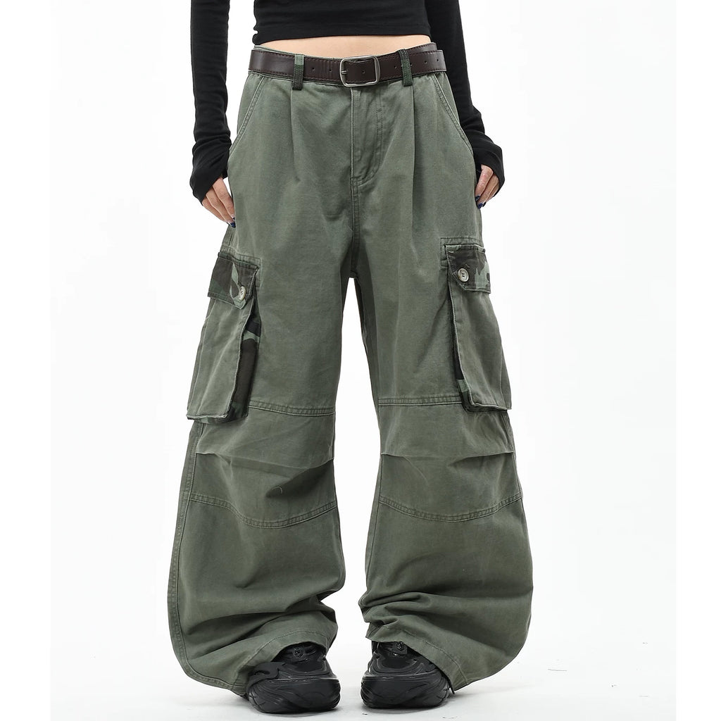 OV original American camouflage patchwork vintage washed casual pants for men and women, loose wide leg multi pocket pleated work pants