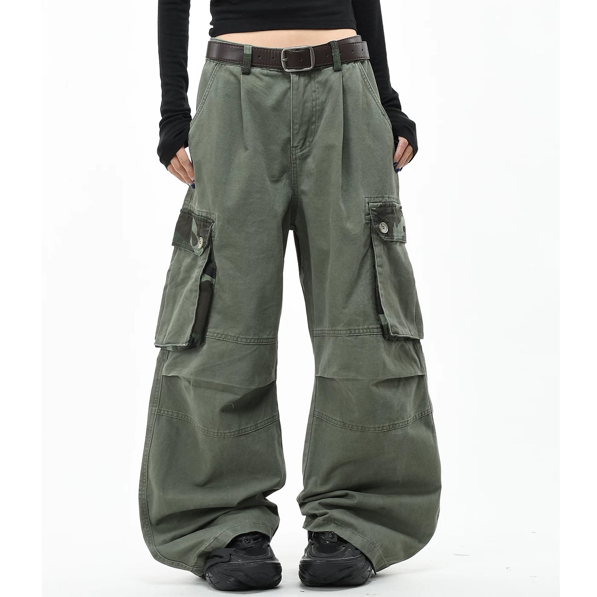 OV original American camouflage patchwork vintage washed casual pants for men and women, loose wide leg multi pocket pleated work pants