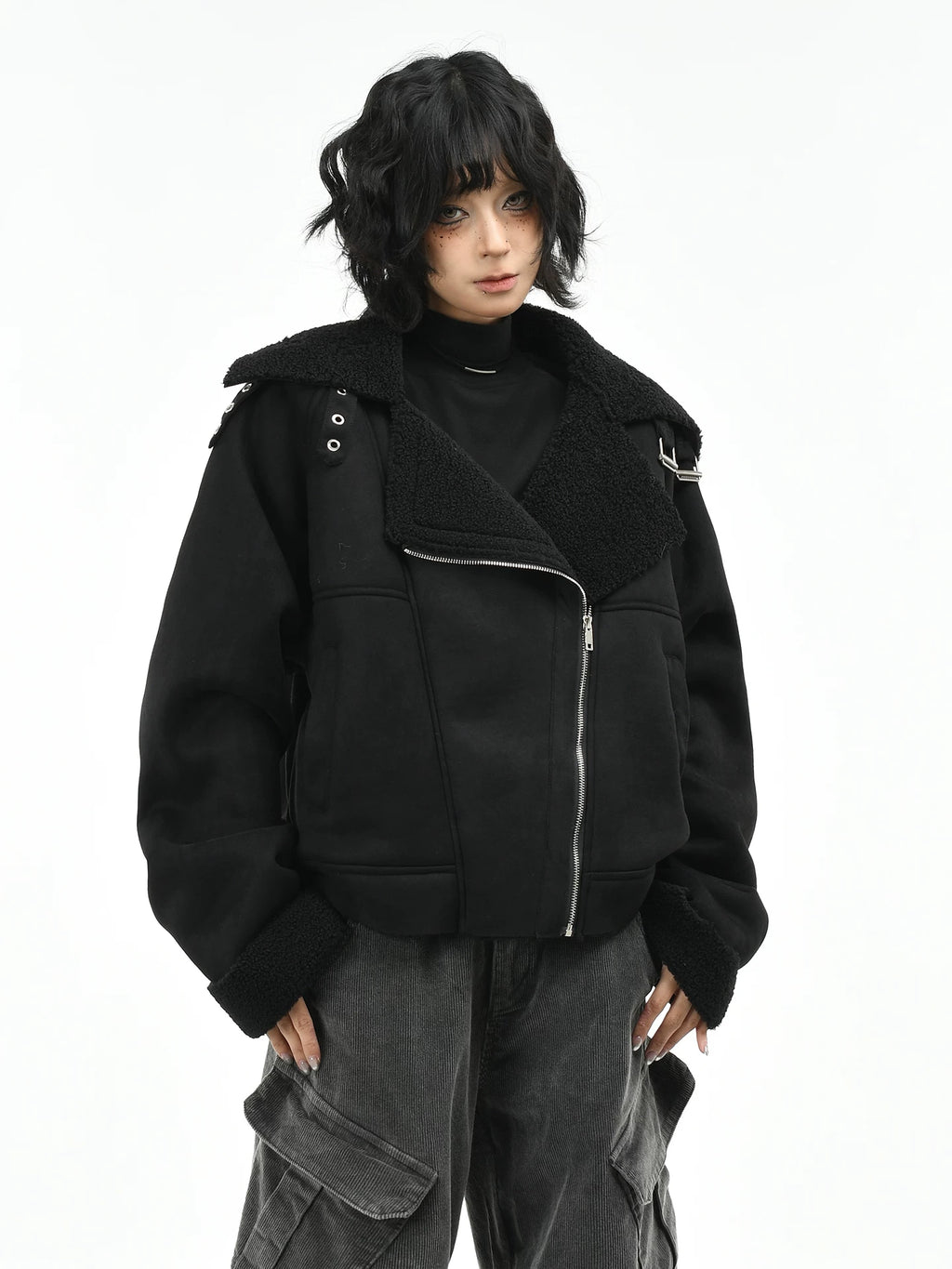OV original American retro suede fur integrated fleece jacket for women in winter, short jacket for men, trendy