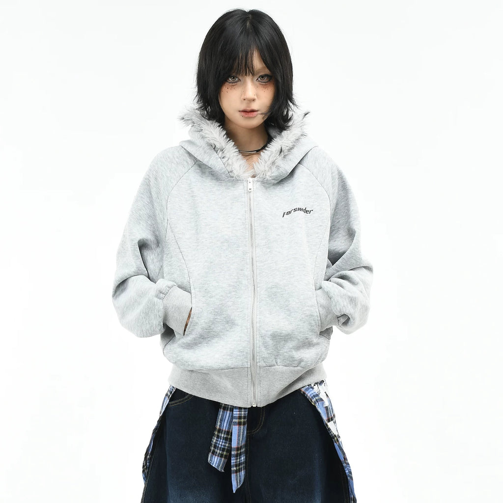 OV original American retro fur collar design zipper jacket women's autumn loose casual short cardigan hooded sweatshirt