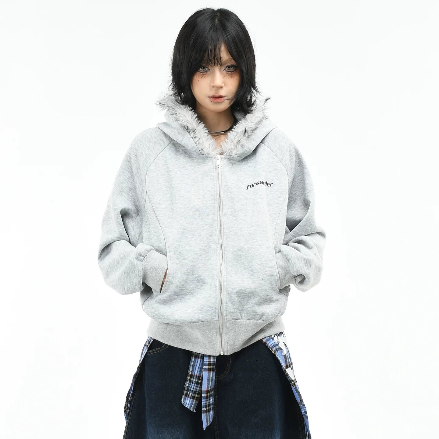OV original American retro fur collar design zipper jacket women's autumn loose casual short cardigan hooded sweatshirt