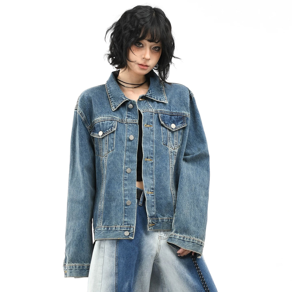 OV original American retro washed vintage denim jacket for men and women, autumn street casual versatile short jacket trend