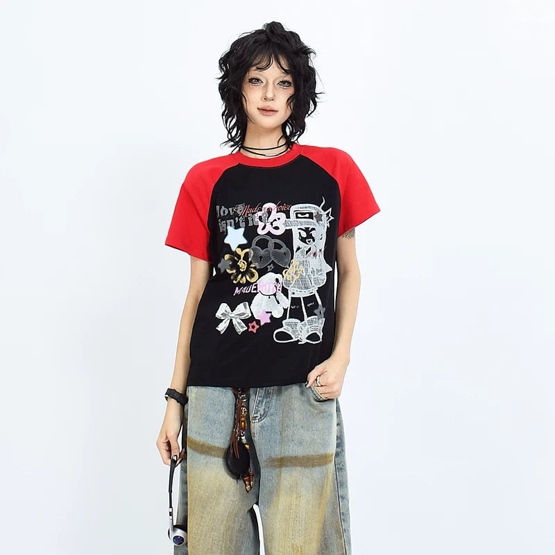 OV original/American fun cartoon printed short sleeved T-shirt for women in summer with raglan sleeves and contrasting color front shoulder short top trend