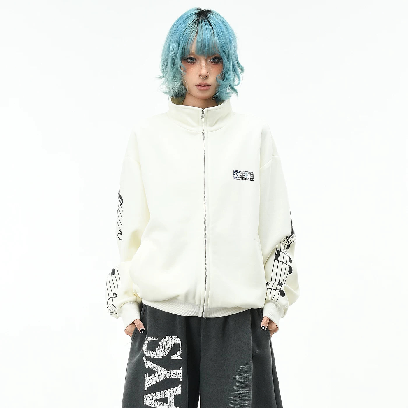 OV original unisex rock note embroidered short jacket for men and women, autumn loose stand up collar zipper casual jacket