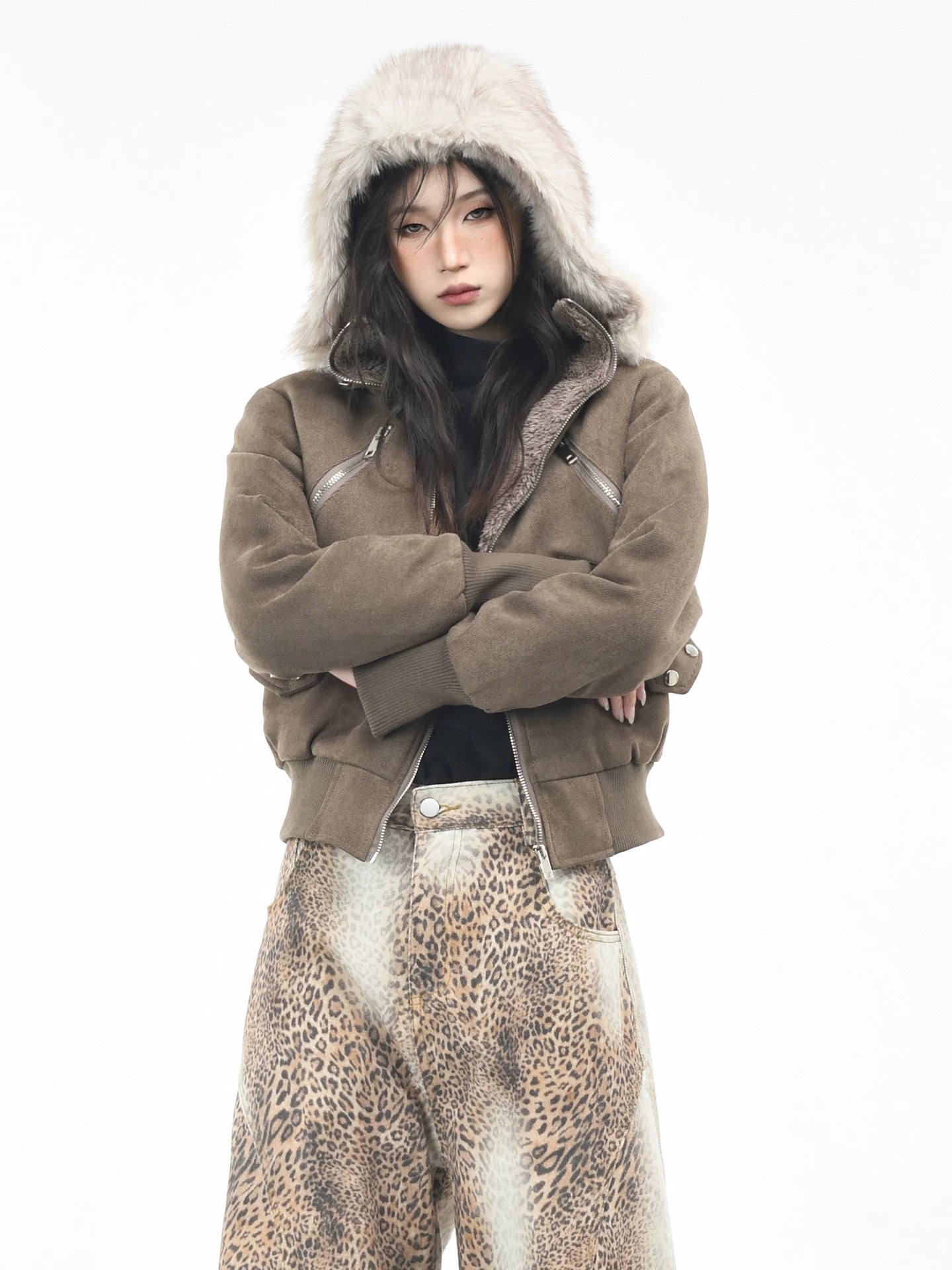 OV original American retro fur collar design with thick fleece hooded jacket for women's winter short, slim and warm cotton jacket