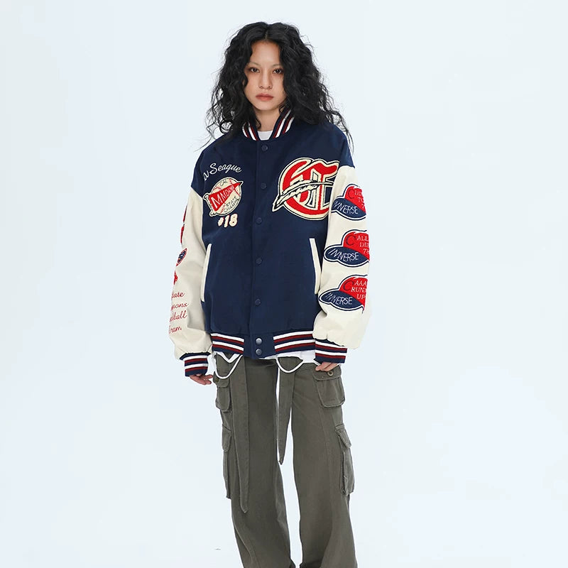 OV Original Winter High Street Retro Plush Embroidered Baseball Jacket with Cotton Jacket for Men and Women Hip Hop Loose Thick Cotton Jacket