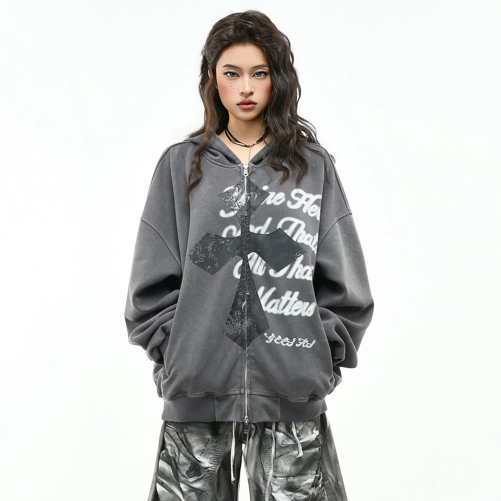 OV original American cross print dirty dye vintage hooded sweatshirt for men and women autumn street loose cardigan jacket