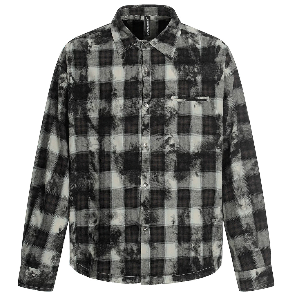 OV original American retro plaid tie dye vintage long sleeved shirt for men and women in autumn, loose and casual, fringed shirt trend