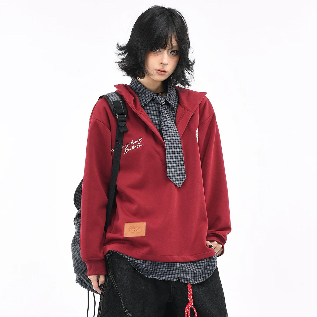 OV original American plaid fake two-piece spliced tie hooded sweatshirt for men and women, autumn college style casual jacket trendy
