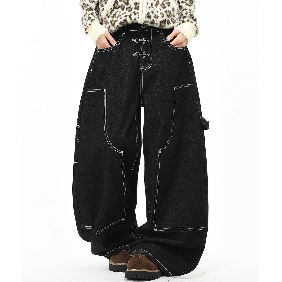 OV original American style cool airplane buckle design jeans for men and women, loose wide leg tannins, original cow pants, trendy