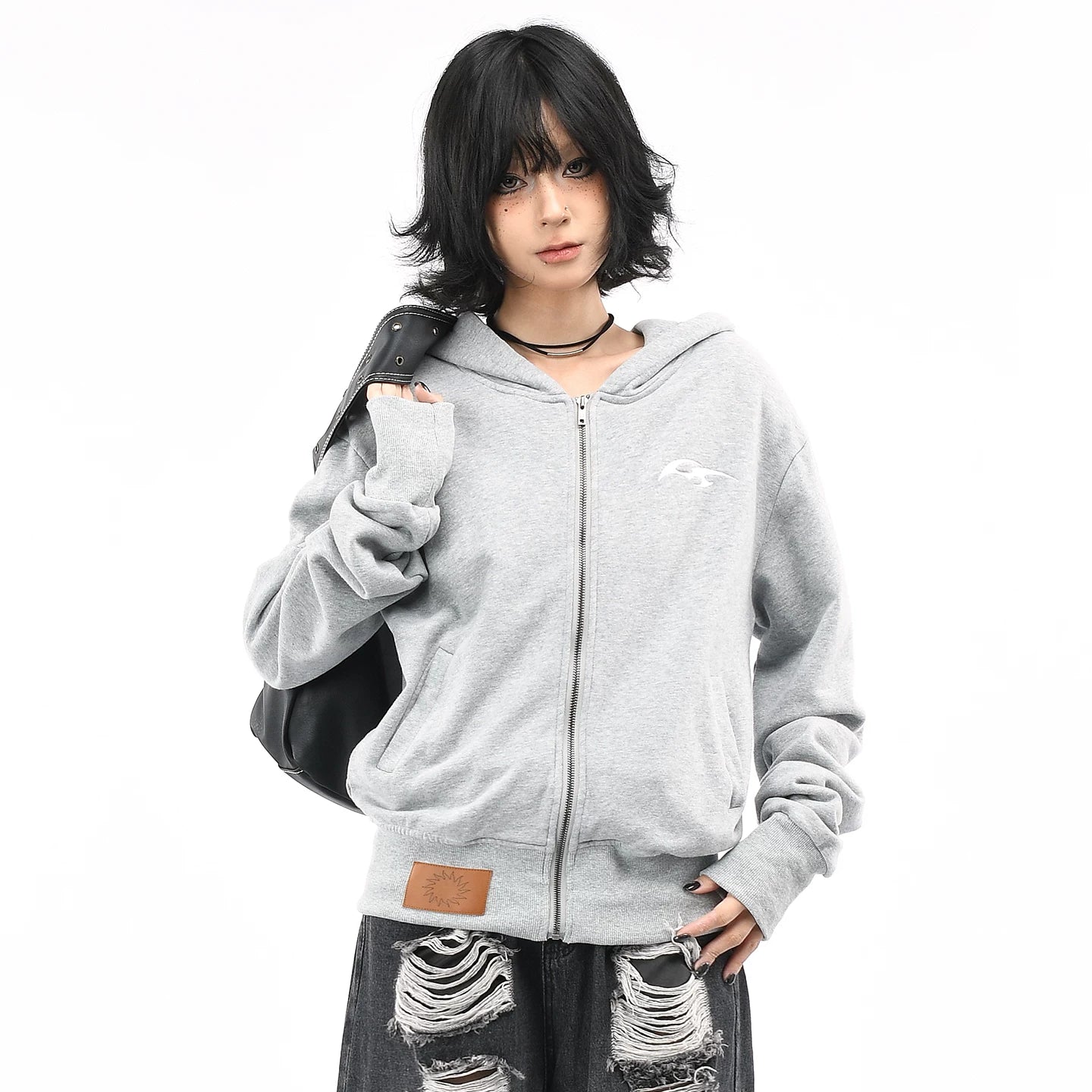 OV original American vintage washed widened thread short hooded sweatshirt for women in autumn, slimming down and waist cinching cardigan jacket