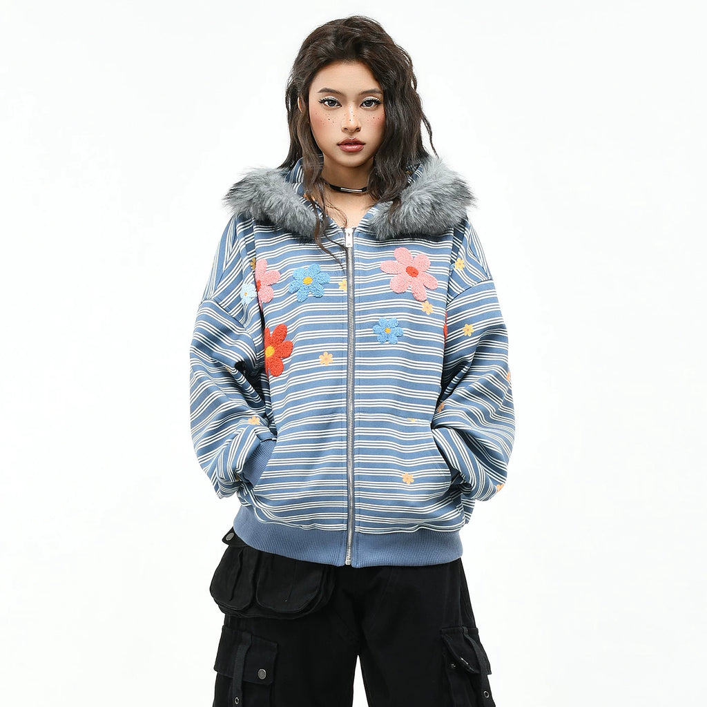 OV original Korean striped flower plush embroidery hooded sweatshirt for men and women in autumn loose fur collar cardigan jacket trend