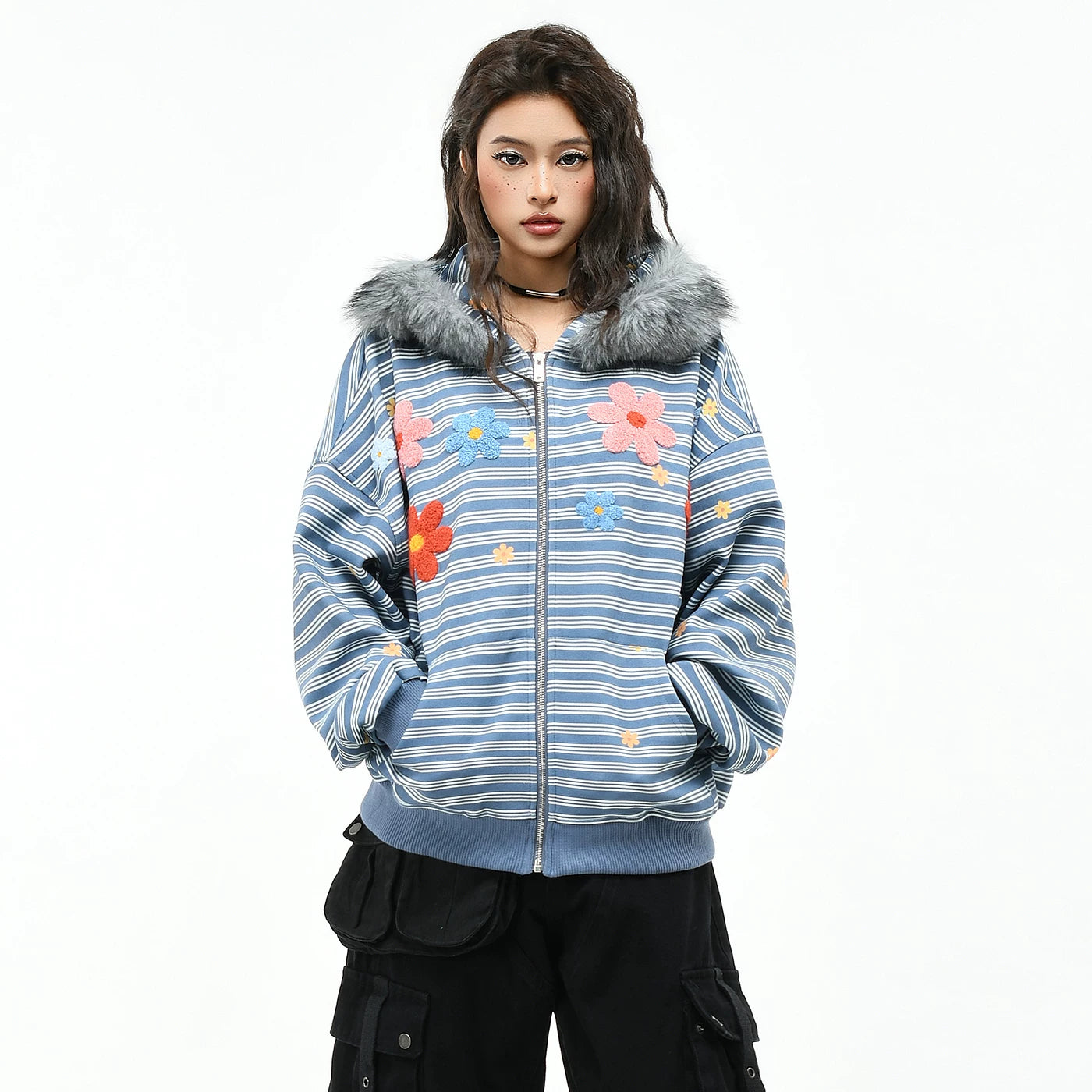 OV original Korean striped flower plush embroidery hooded sweatshirt for men and women in autumn loose fur collar cardigan jacket trend