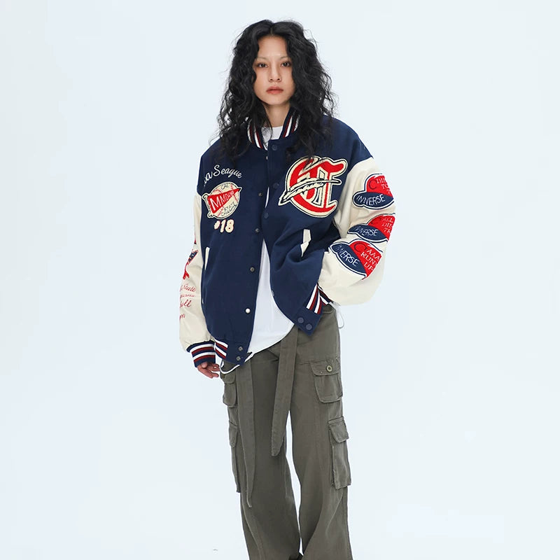 OV Original Winter High Street Retro Plush Embroidered Baseball Jacket with Cotton Jacket for Men and Women Hip Hop Loose Thick Cotton Jacket
