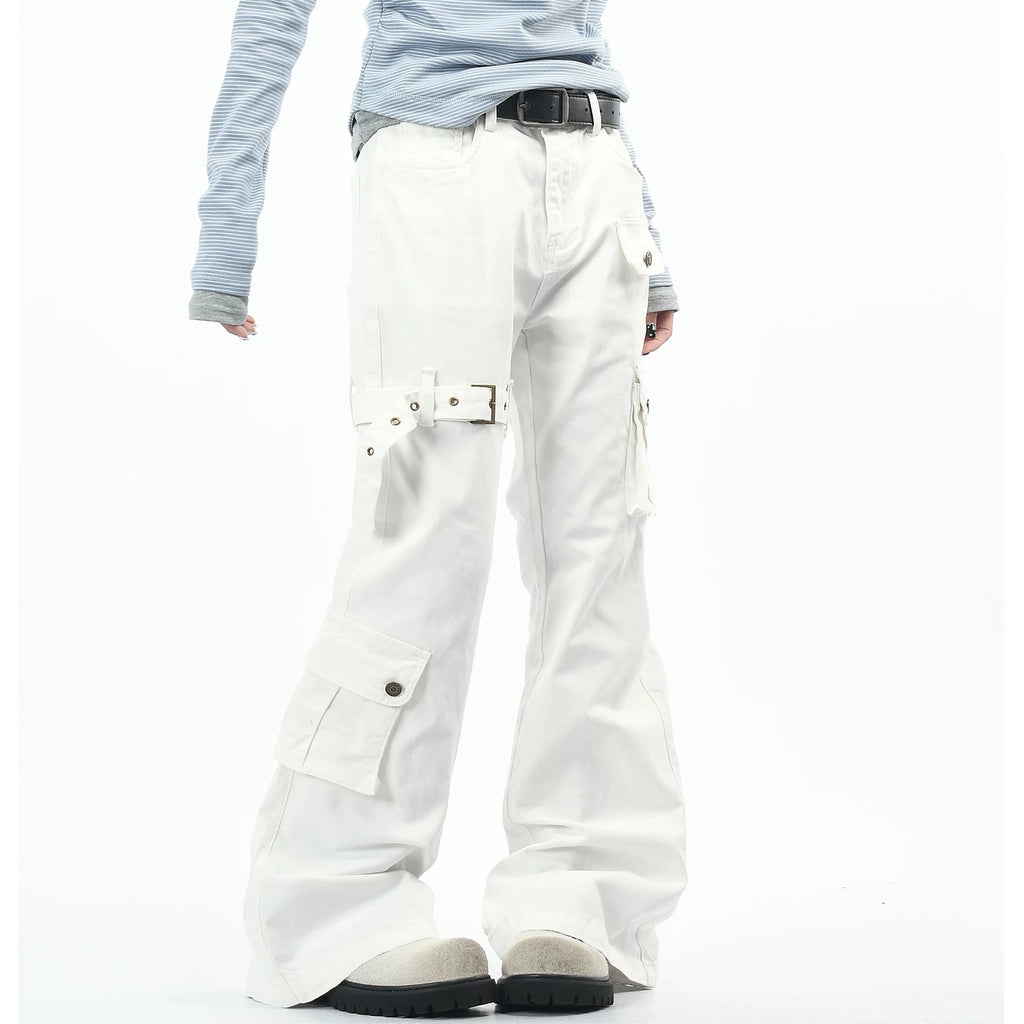 OV original American subculture multi pocket work pants with loose strap design for men and women, slim and casual, slightly flared pants trend