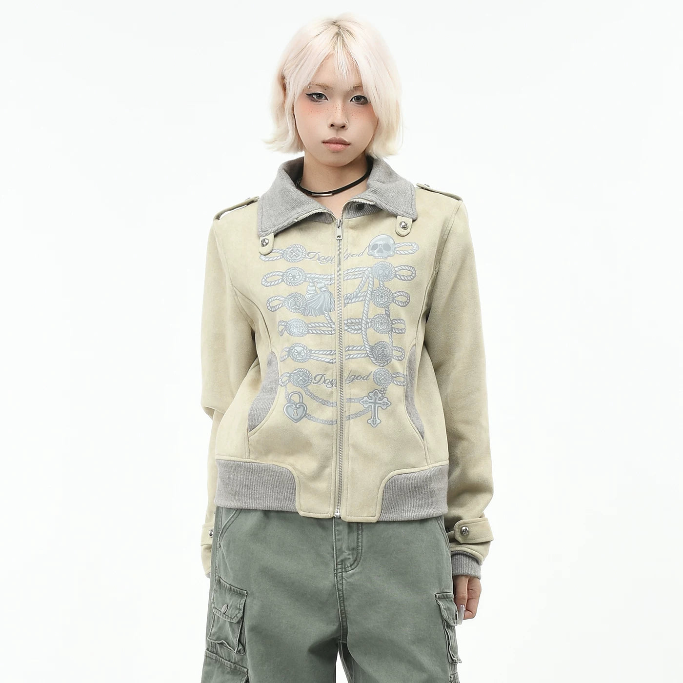 OV original retro court style slim fit short jacket for women's autumn design, skull print lapel zipper jacket