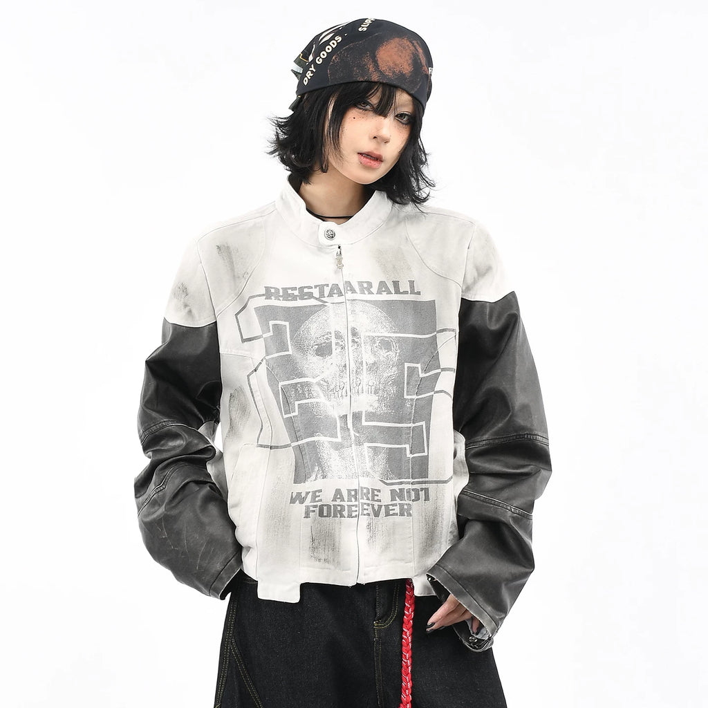 OV original American retro skull print motorcycle racing jacket for women, autumn short style, cool and dirty dyed jacket for men