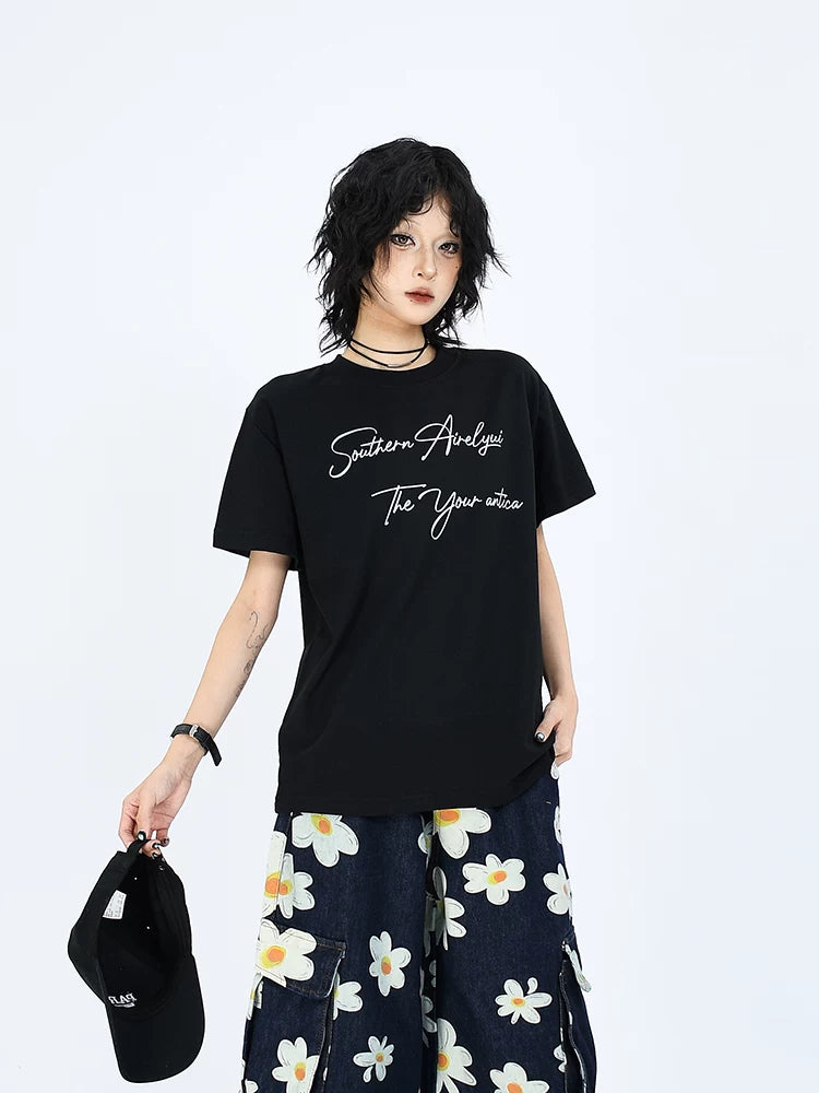 OV original/Summer American letter print Sorona cool short sleeved T-shirt for men and women boxy shoulder slimming top