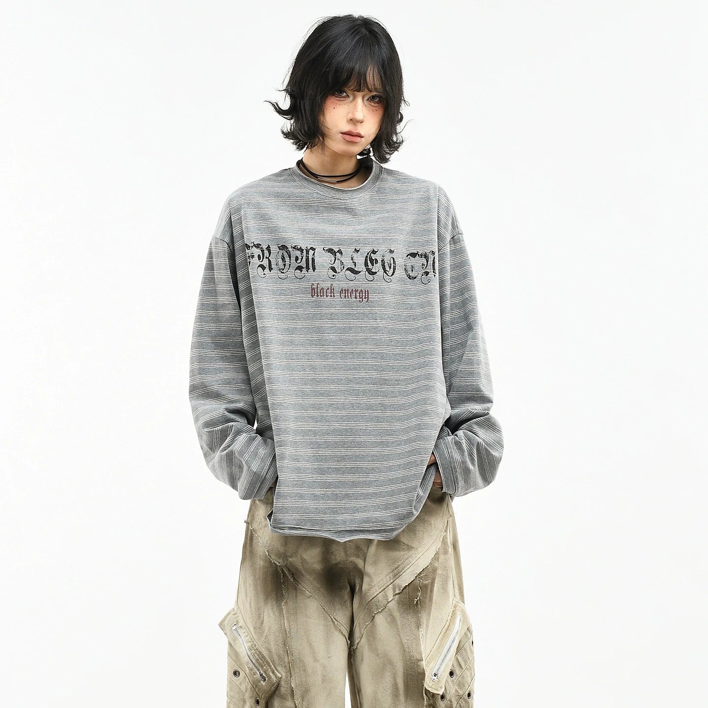 OV original/American retro striped letter printed long sleeved T-shirt for women's spring loose couple casual base top