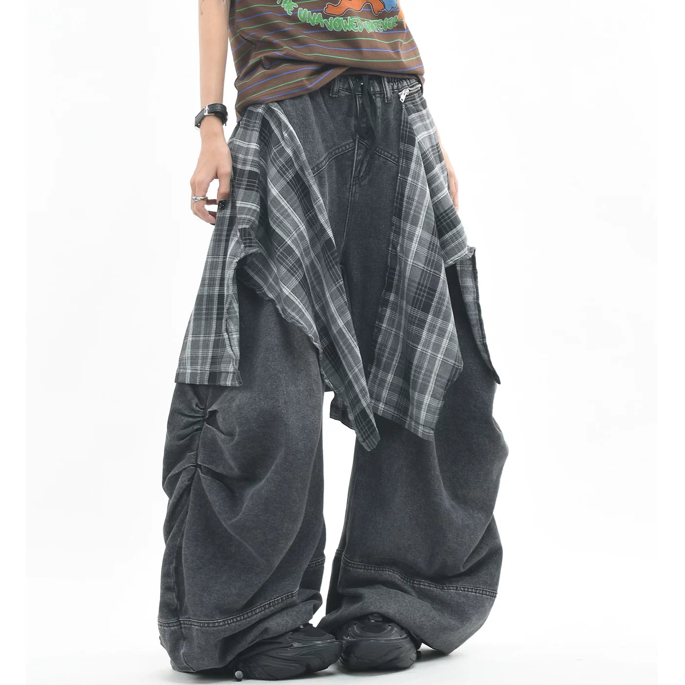 OV original American plaid fart curtain, detachable and layered jeans for men and women, loose and wide leg pleats, worn pants, trendy