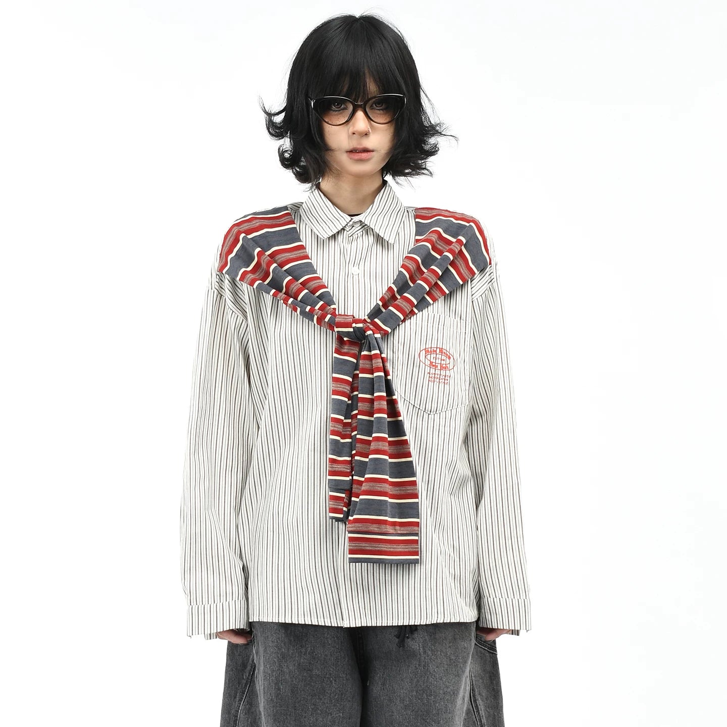 OV original American retro striped shawl design long sleeved shirt for men and women autumn street loose casual shirt trend