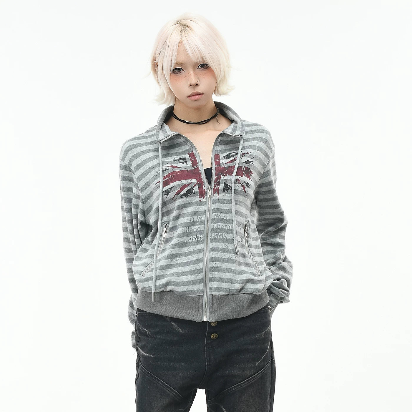 OV original American retro striped stand up collar zipper cardigan sweatshirt for men and women in autumn loose short casual jacket trend