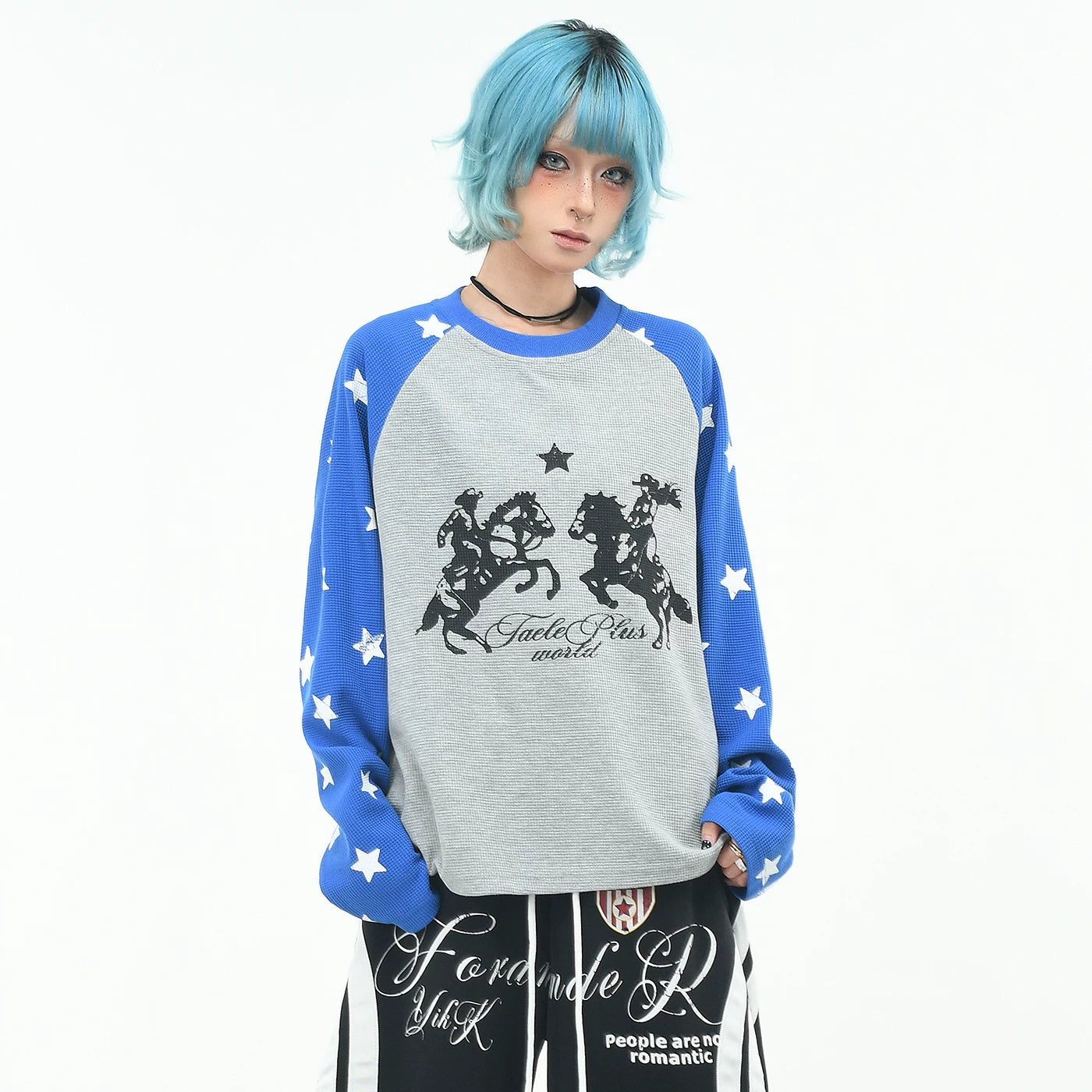 OV Original/Retro Star Full Print Shoulder Sleeve Contrast Long Sleeve T-shirt for Men and Women Autumn Loose Waffle Top Trendy