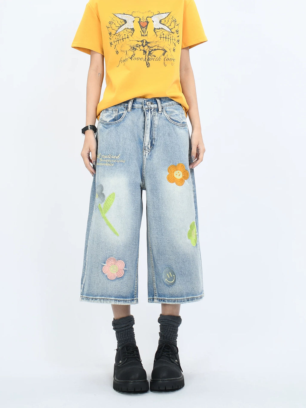 OV original American cropped pants with floral embroidery, washed denim, men's and women's summer retro loose shorts trend