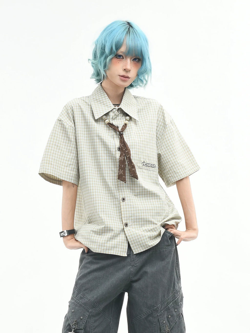OV原创复古格子撞色短袖衬衫男女夏季宽松学院风领带设计格纹衬衣