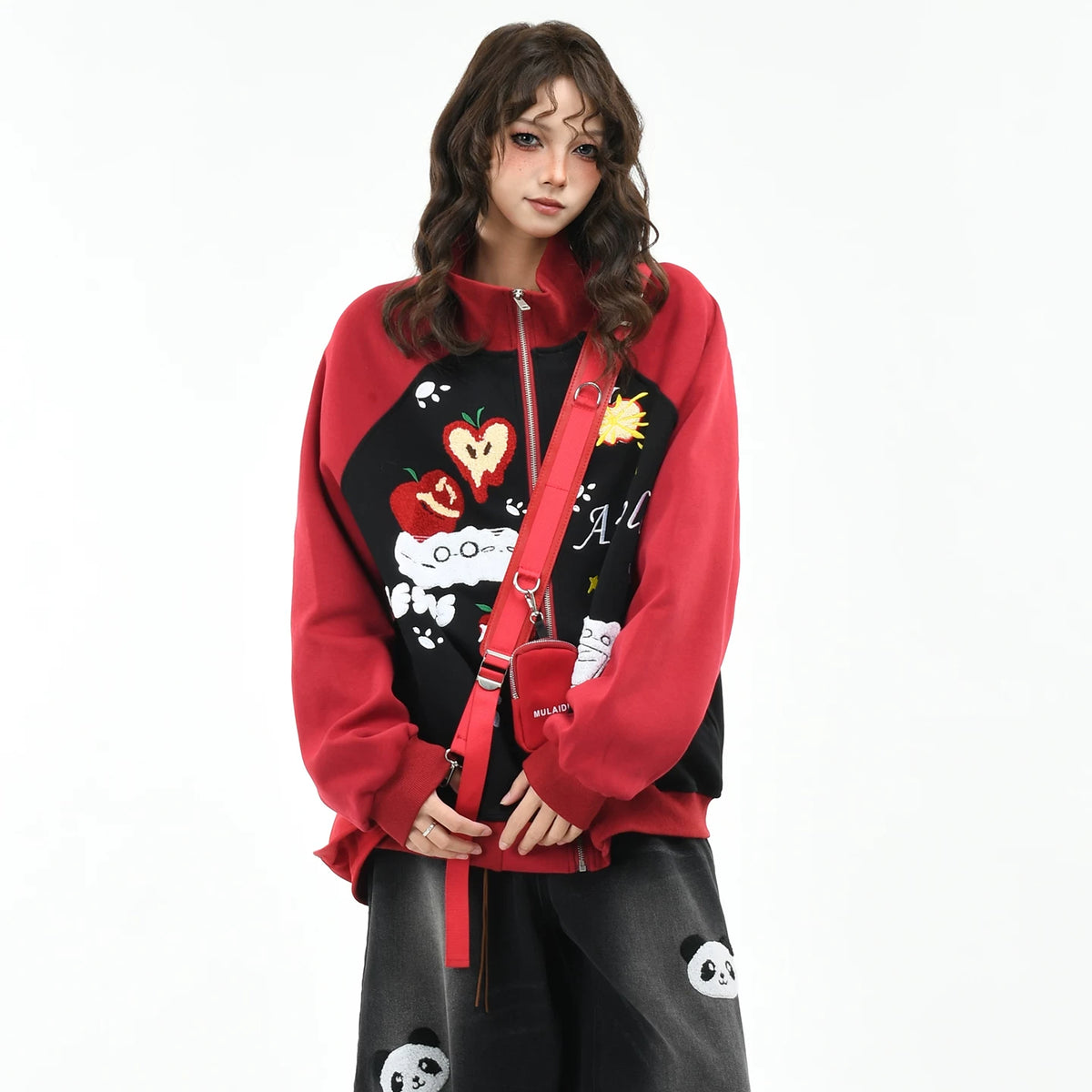 OV original fun cartoon towel embroidery cardigan zipper sweatshirt women's autumn contrasting color couple loose stand up collar jacket