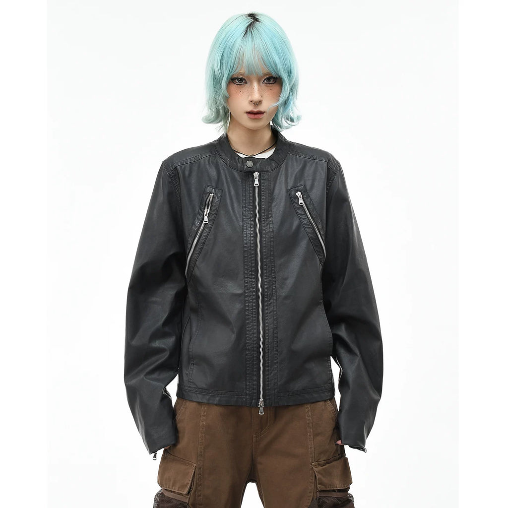 OV original high street motorcycle style PU leather jacket with stand up collar, men's and women's autumn zipper design, cool and stylish short jacket