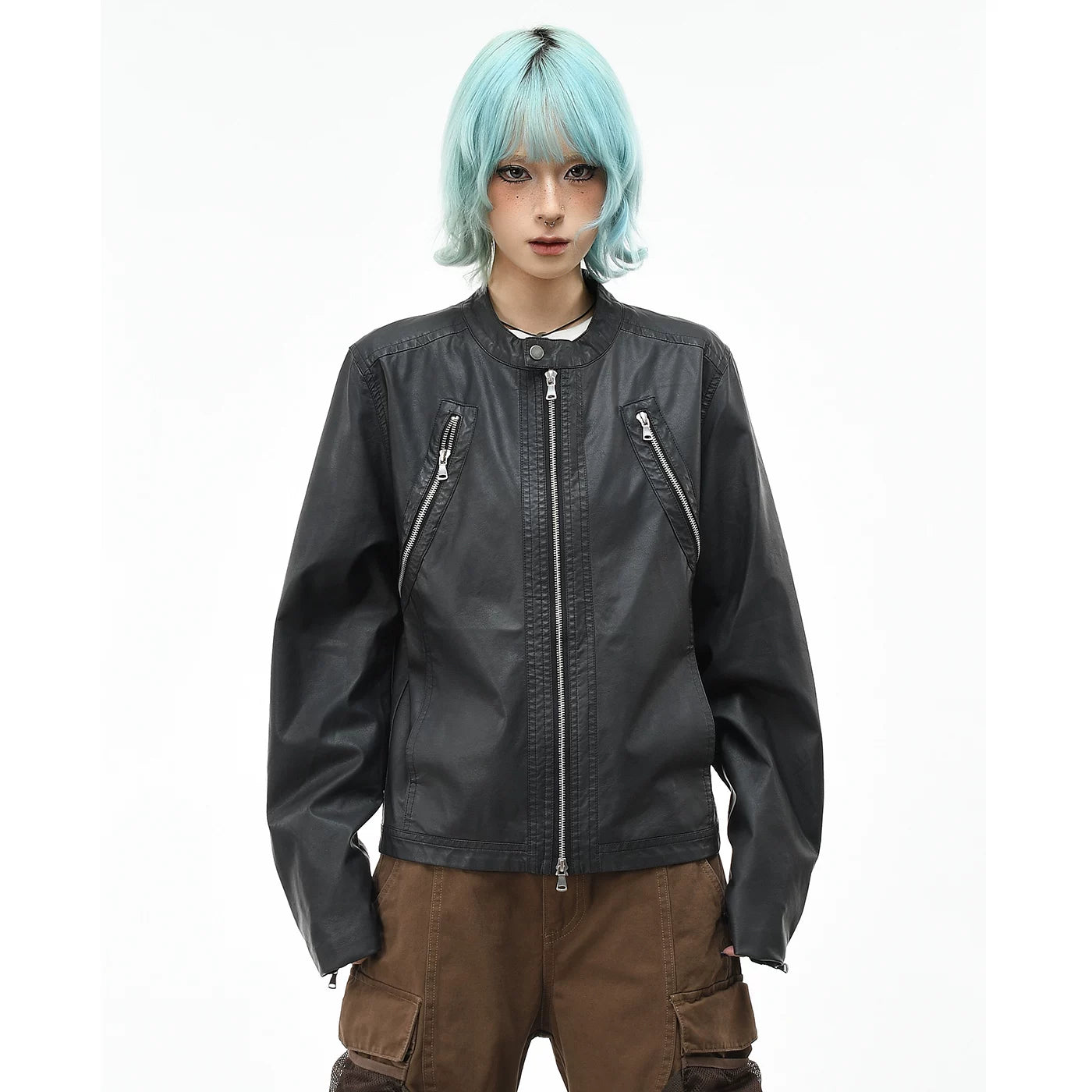 OV original high street motorcycle style PU leather jacket with stand up collar, men's and women's autumn zipper design, cool and stylish short jacket