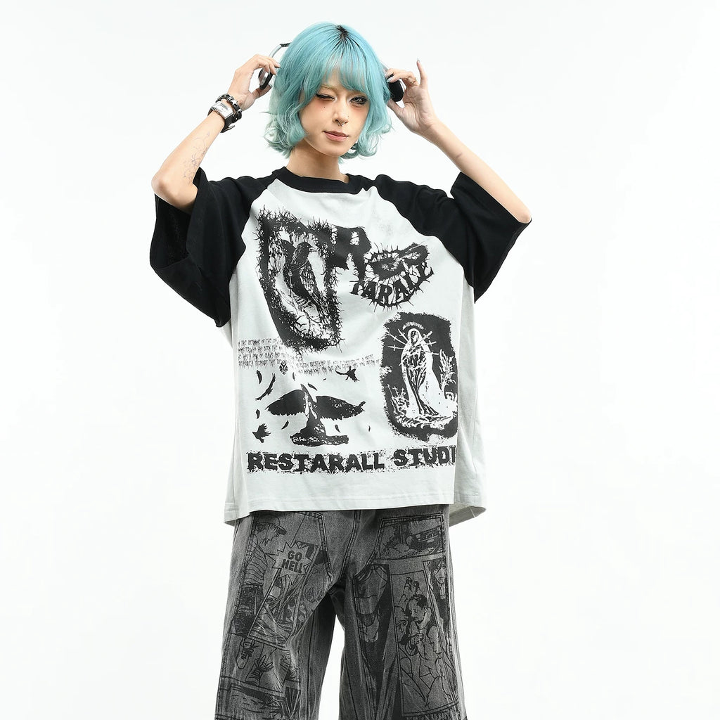 OV Original/Dark Color Contrast Splicing Graffiti Short Sleeve T-shirt for Men and Women Summer Trendy Brand Loose Dirty Stained Half Sleeve Top