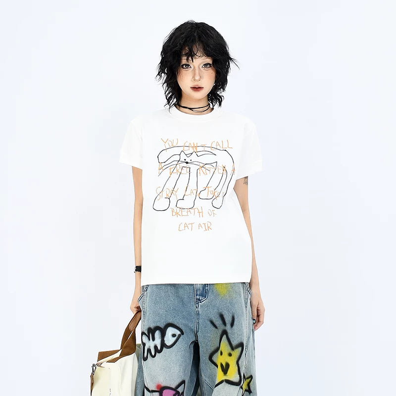OV Original/Summer American Fun Long Leg Cat Printed Short Sleeve T-shirt for Women Solona Cool Shoulder Top Trendy