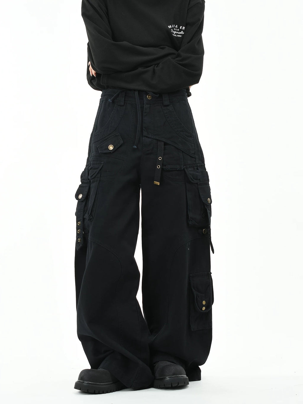 OV original American style multi pocket ribbon functional work pants for women on the street, loose wide leg washed long pants for men, trendy