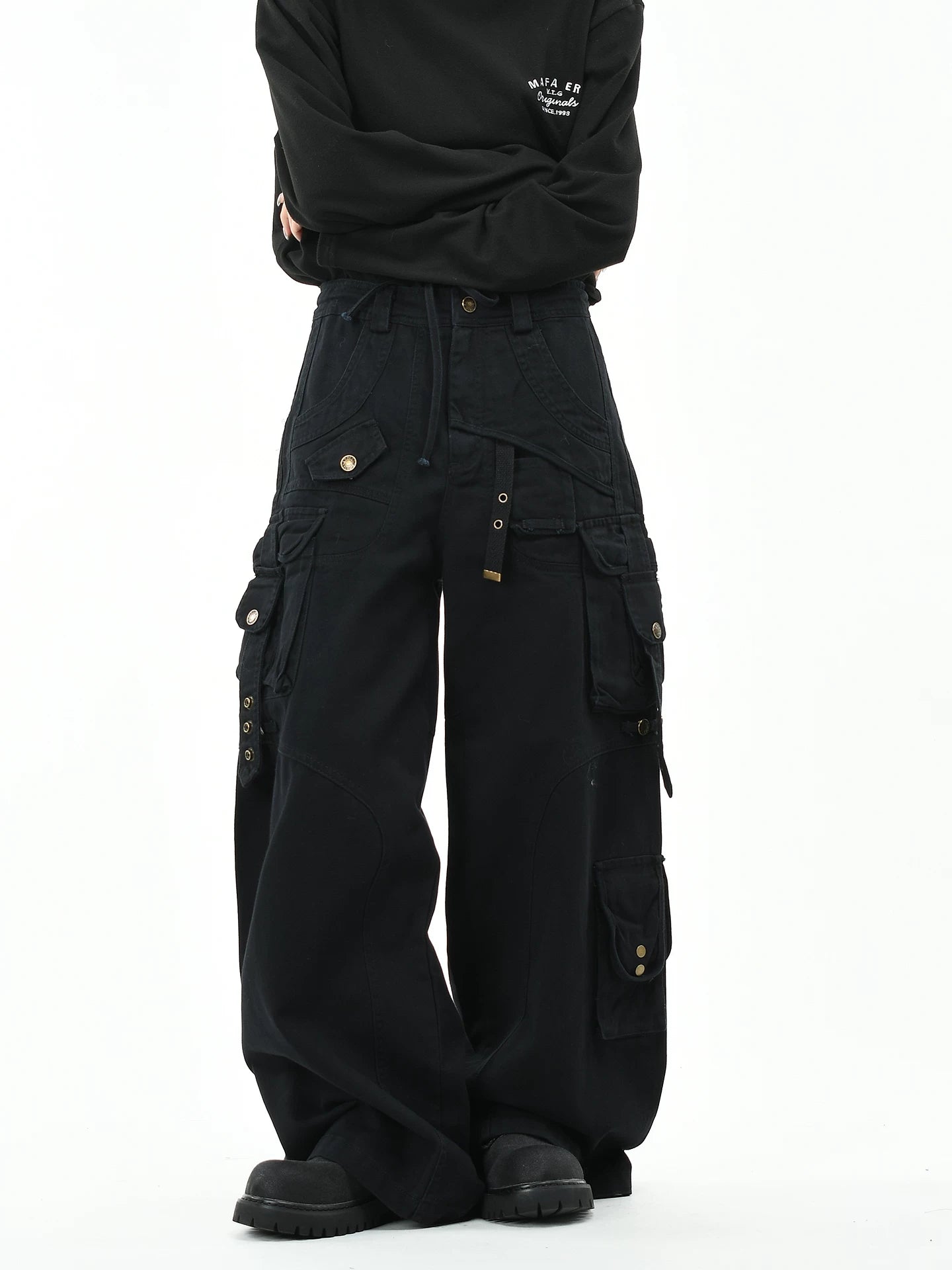 OV original American style multi pocket ribbon functional work pants for women on the street, loose wide leg washed long pants for men, trendy