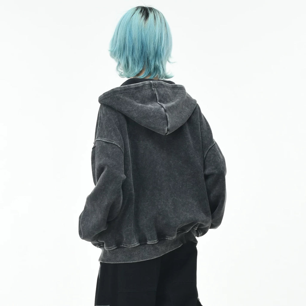 OV original retro deconstruction rivet making old washed hooded sweatshirt women's autumn loose zipper cardigan jacket men's trend