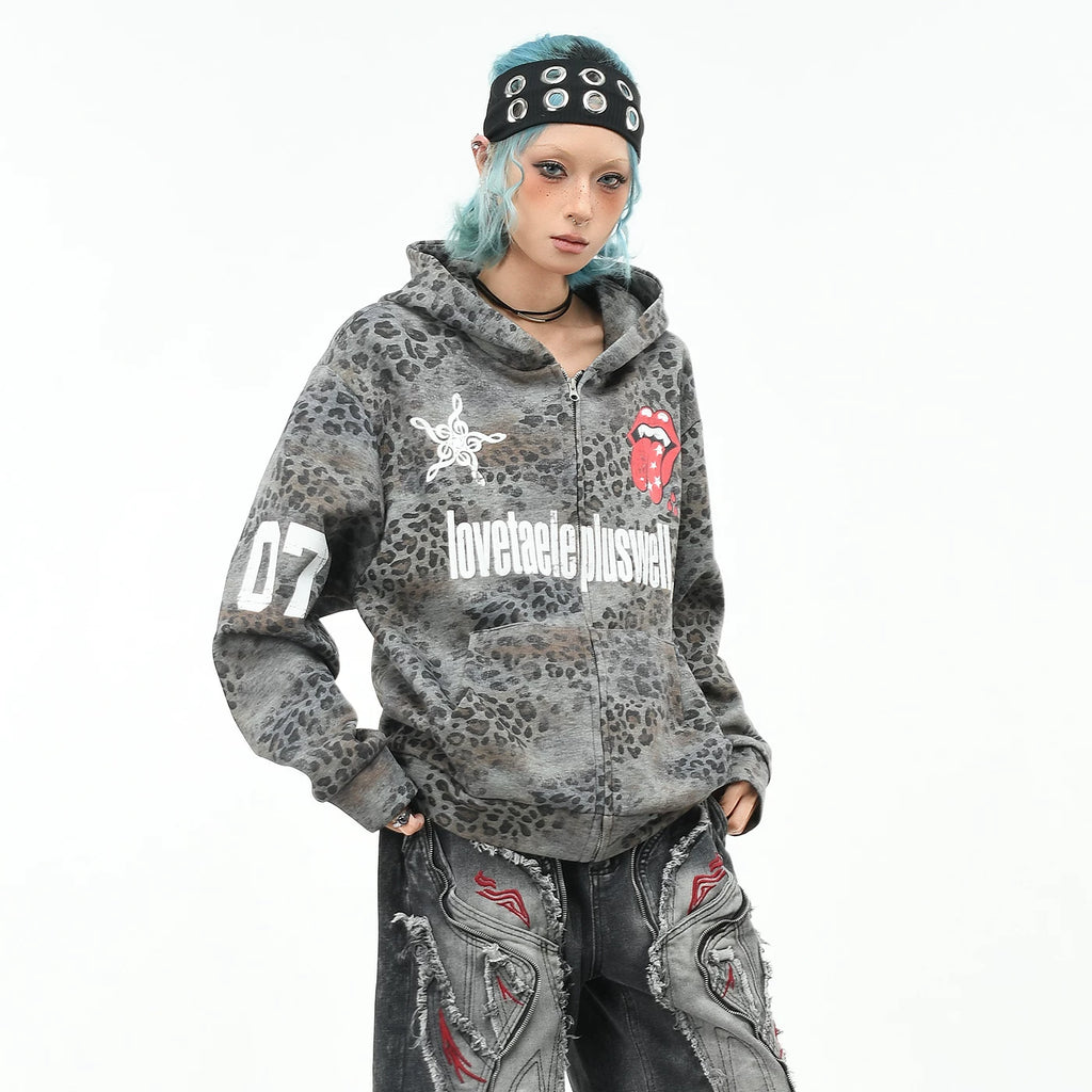 OV original American leopard print rolling stone print hooded sweatshirt for men and women, autumn loose subculture trendy brand cardigan jacket