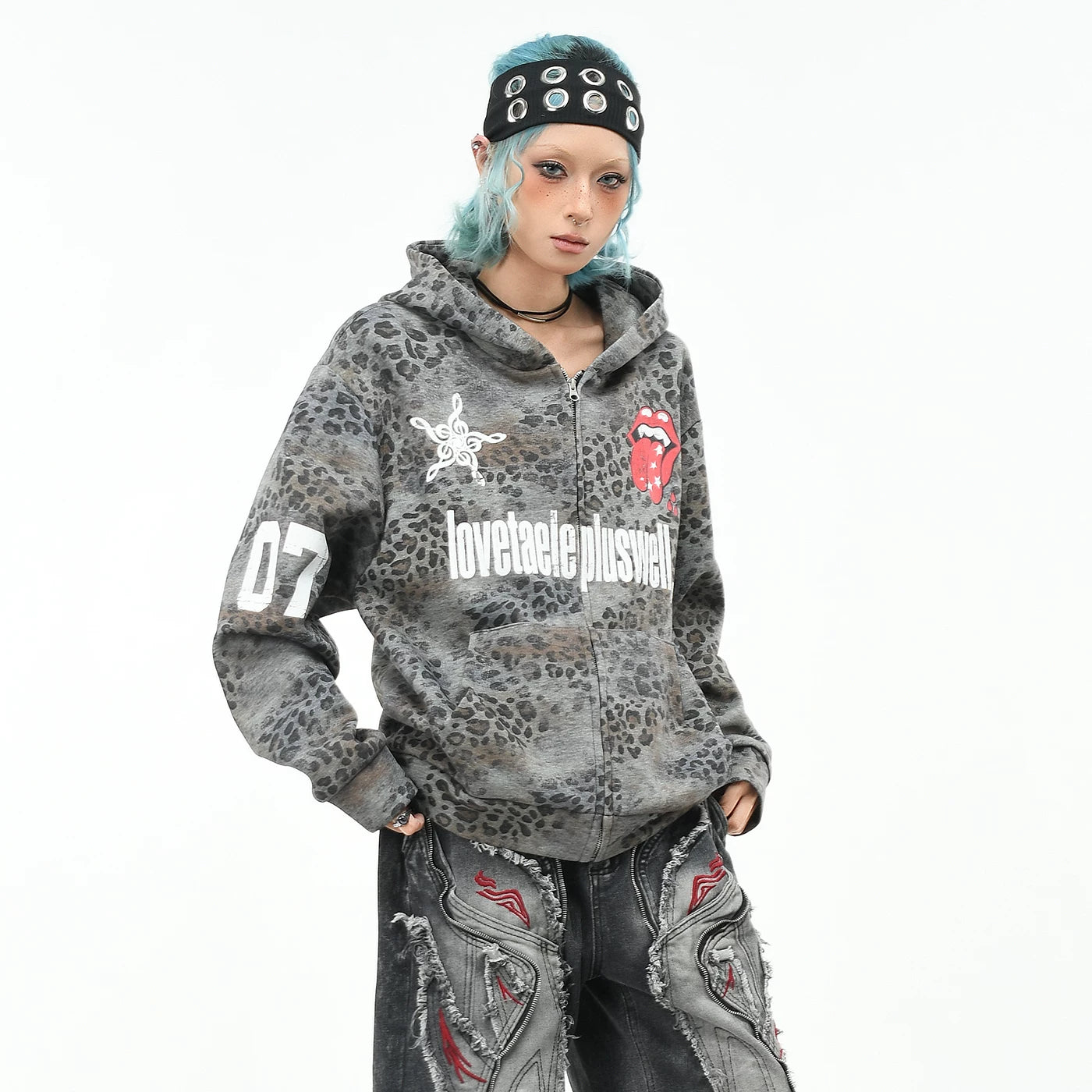 OV original American leopard print rolling stone print hooded sweatshirt for men and women, autumn loose subculture trendy brand cardigan jacket