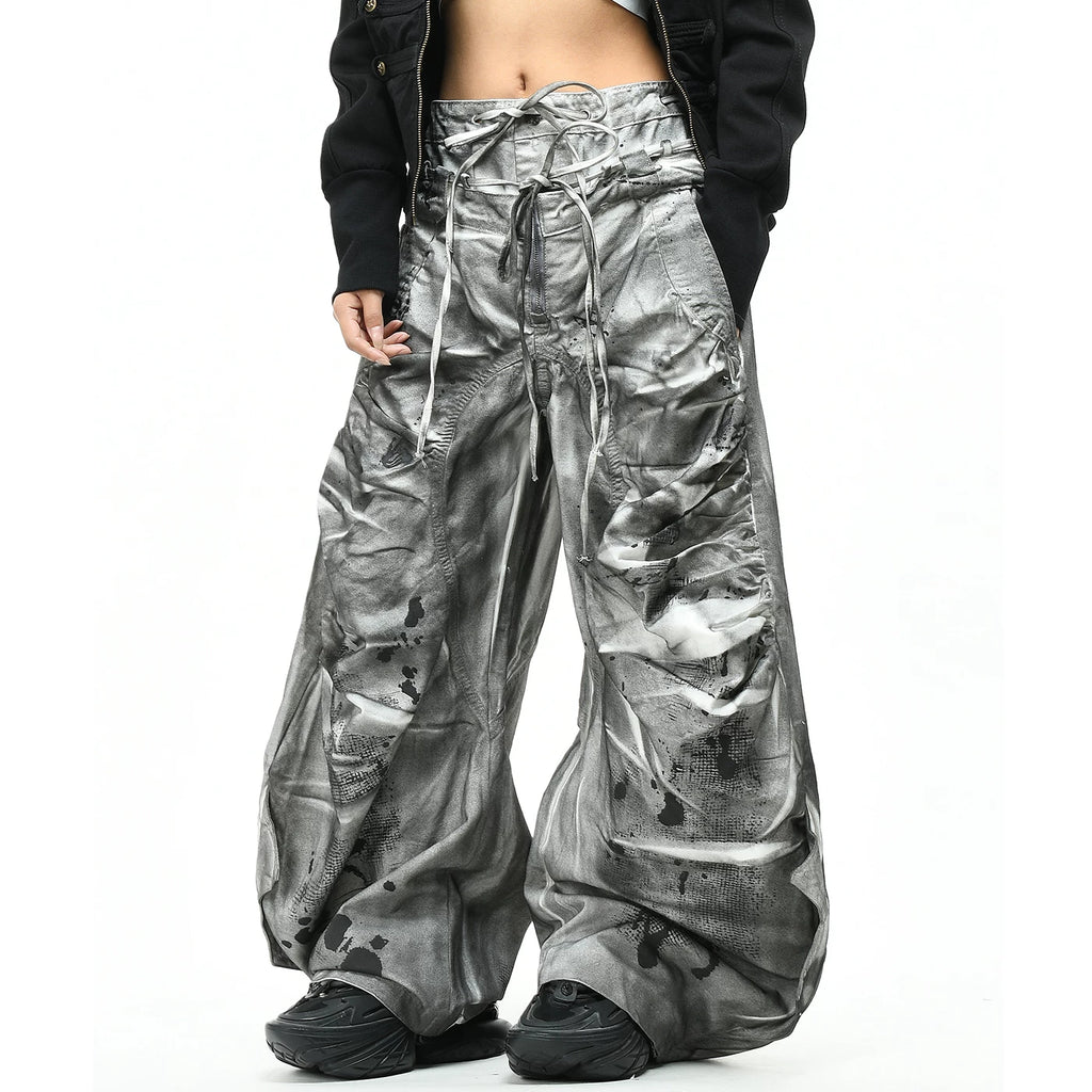 OV Original Waste Soil Wind Dirty Dyeing Used Double Waist Head Jeans for Men and Women Abi Wind Loose Wide Leg Folded Pants Trendy
