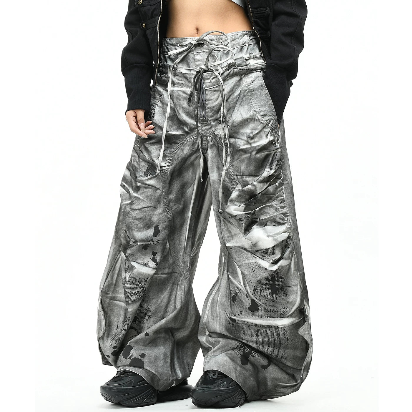OV Original Waste Soil Wind Dirty Dyeing Used Double Waist Head Jeans for Men and Women Abi Wind Loose Wide Leg Folded Pants Trendy